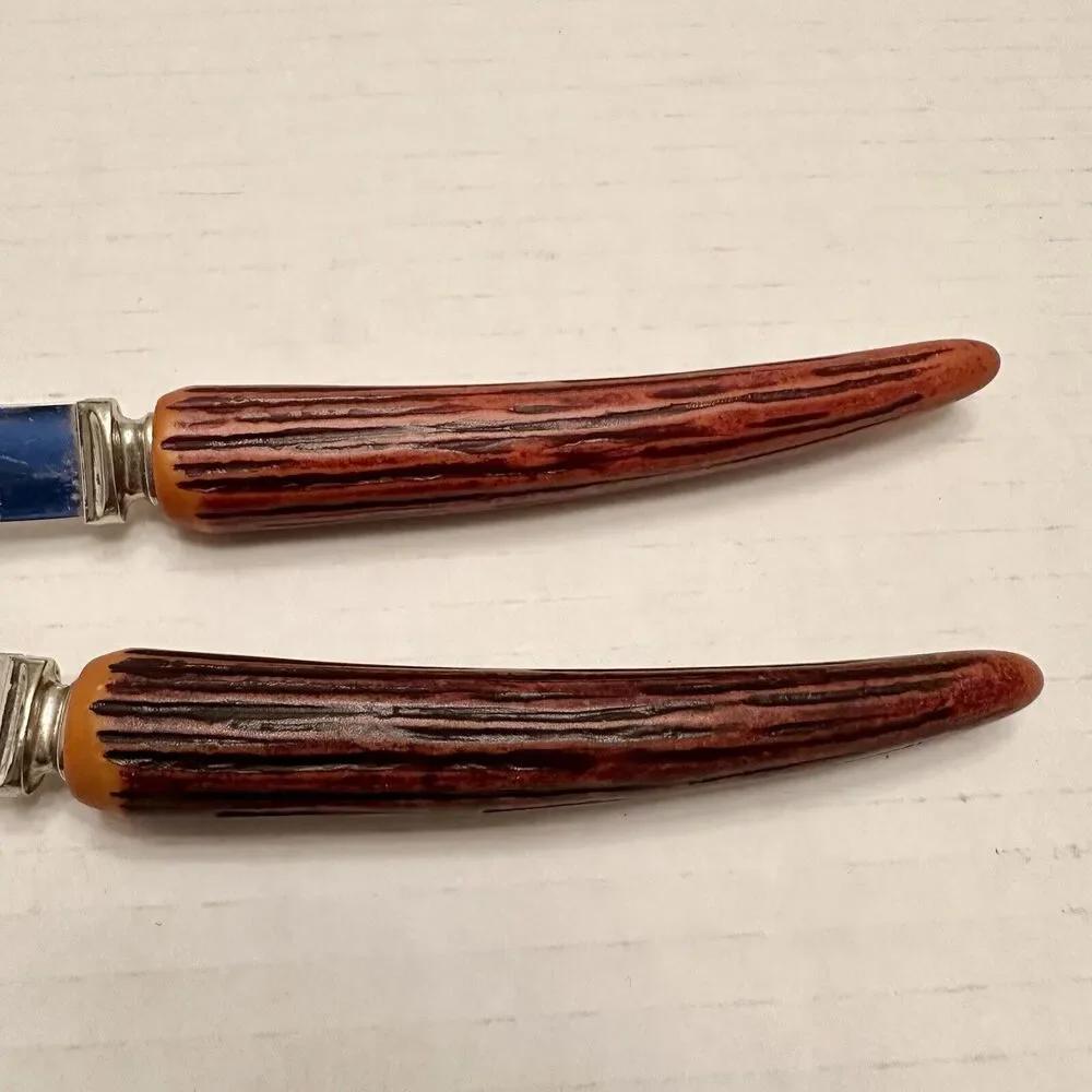 2 Vtg Steak Knives Faux Stag Antler Horn Handle Lifetime Cutlery Stainless Steel - Picture 4 of 7